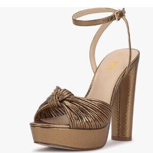 FYS Bronze Knot Peep Toe Sandals Ankle Strap Block High Heels Sexy Peep Toe Shoe